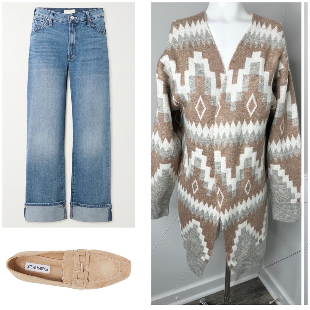 AUTUMN SKYE TAN WHITE GREY CARDIGAN SWEATER SIZE MEDIUM